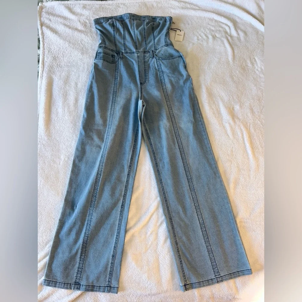 Strapless Wide Leg Denim Jumpsuit - Light Blue Corset Waist - Picture 1 of 4